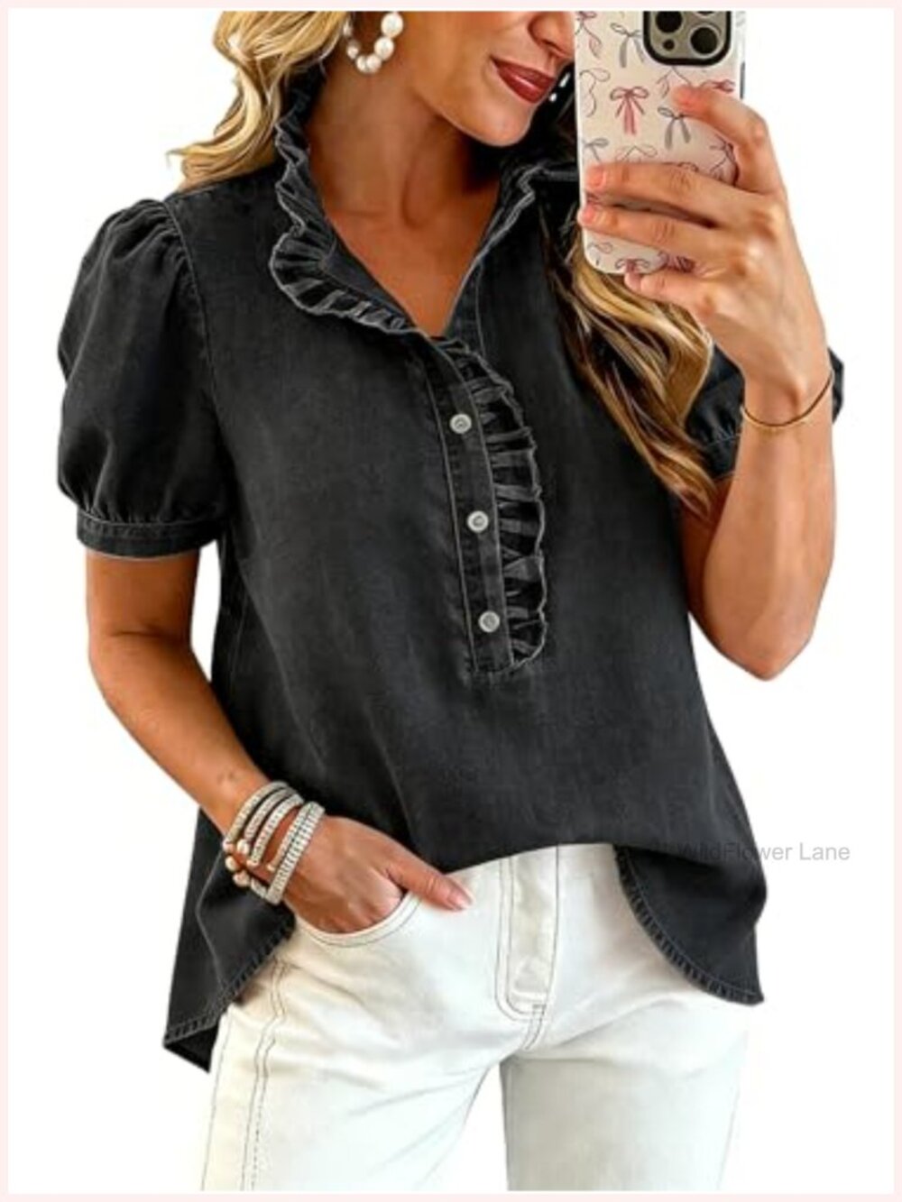 Y2K Ruffled Denim Button Down Shirt Short Sleeve Puff Sleeve Women's Casual